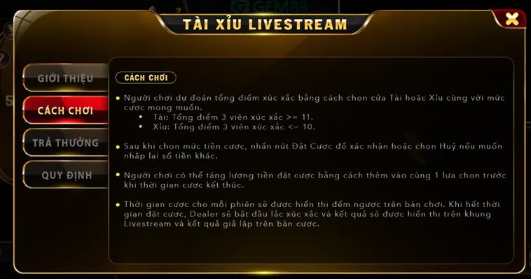 Tài Xỉu Live Tại Gem88 Hướng Dẫn Cách Chơi Và Chiến Thuật Thắng Lớn